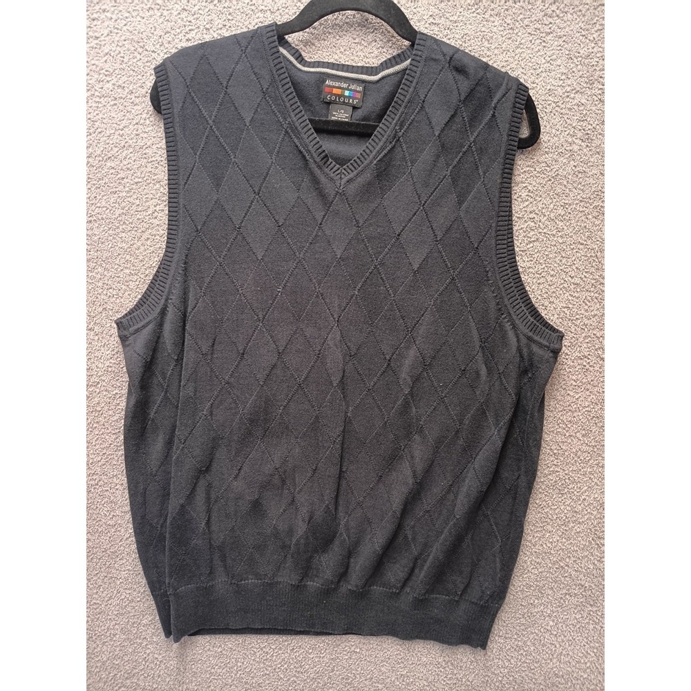 Alexander Julian Sweater‎ Vest Mens L Black Argyle Cotton Preppy Golf